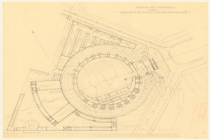 Schwarz-weißer Architekturplan einer Stadionanlage mit umliegenden Gebäuden und handschriftlichen Textanmerkungen.