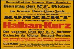 Gelbes Plakat für ein Konzert mit dem Titel "Konzert Halban-Kurz" in Berlin, Deutschland.