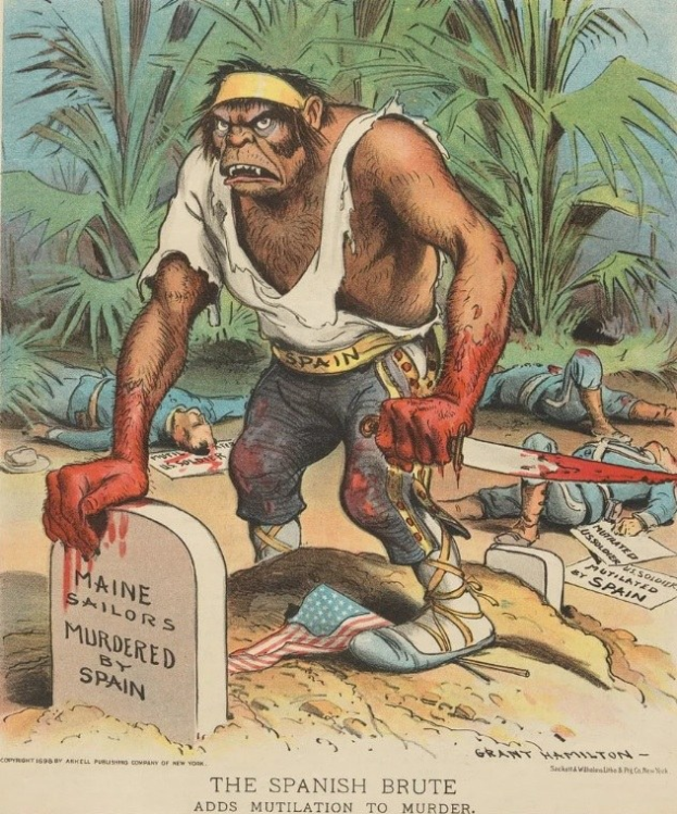 Cartoon eines Mannes mit einem Messer über einem Grab mit Text, umgeben von liegenden Gestalten und Bäumen, mit der Bildunterschrift "Der spanische Barbar fügt Verstümmelung dem Mord hinzu" unten.