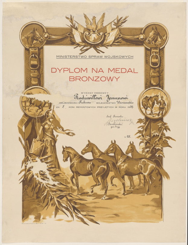 Ein Plakat mit einer Gruppe galoppierender Pferde in einem Feld bei Sonnenuntergang mit der Inschrift "Dyplom na Medal Bronzowy", wahrscheinlich für eine Medaillenverleihung.