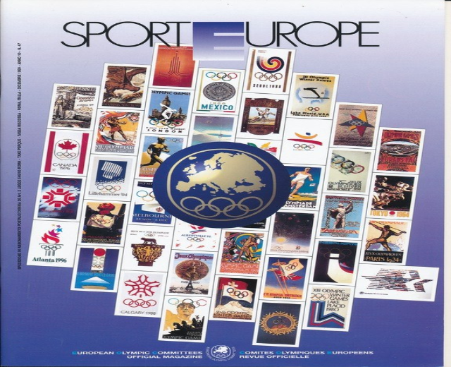 Buchumschlag mit dem Titel "Sport in Europa" mit lebendigen Olympischen Spielen-Bildern und Text.