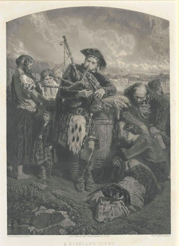 Schwarze und weiße Gravur eines Mannes, der vor einer Gruppe von Menschen eine Dudelsack spielt, mit einem bewölkten Himmel im Hintergrund, mit der Beschriftung "Ein Highland-Pfeifen" unten.