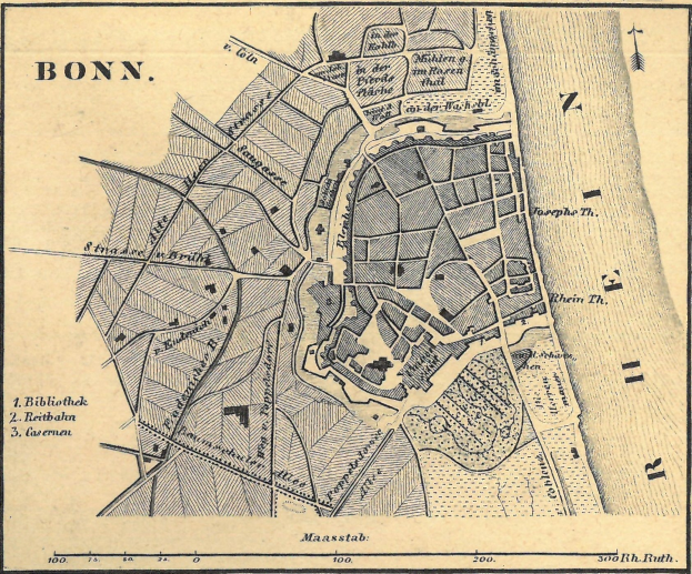 Ausführliches altes Stadtplan von Bonn, Deutschland, mit Stra├čen, Geb├Ąuden und markanten Punkten mit sichtbarem Text.