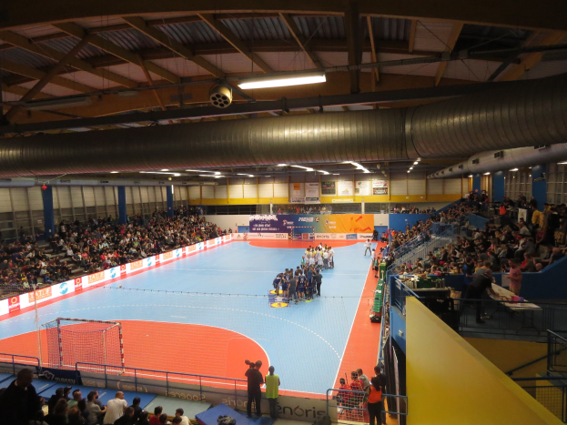 Großer Hallen-Sportplatz mit Zuschauern bei einem Handballspiel, mit Sitzplätzen und Stehplätzen, einem Netz auf der linken Seite, Texttafeln im Hintergrund und Beleuchtung und Rohren überkopf.