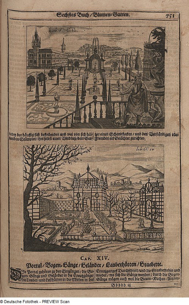 Offenes Buch mit einer detaillierten Stadtansicht auf seinen Seiten, begleitet von Text und zusätzlichen Bildern.