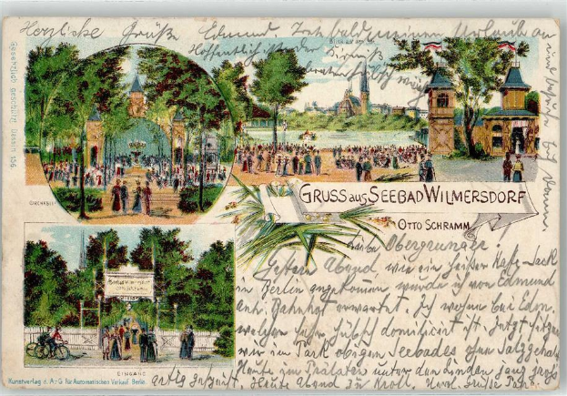 Ein altes Postkartensuvenir, das einen Park in Deutschland zeigt, mit Menschen, Bäumen, Gebäuden, einem Zaun, einer Namensschilder und einem Himmel, zusammen mit einigen Schriften auf der Postkarte.