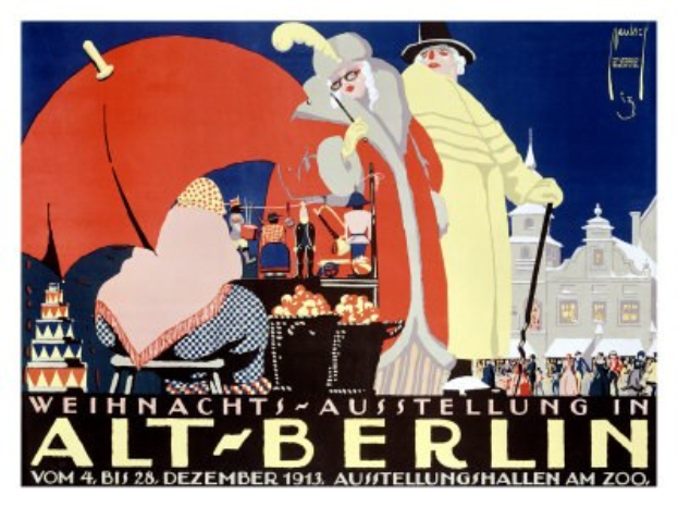 Plakat für eine Weihnachtsausstellung in altem Berlin, das eine farbenfrohe Illustration von Menschen, Gebäuden und Gegenständen mit dem Text "Weihnachtsausstellung in Alt-Berlin" oben zeigt.