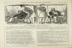 Ein altes Buchcover mit einem Mann in einem Anzug, der in einem Stuhl sitzt und nachdenklich schaut, und einer Frau, die neben ihm steht und ebenfalls nachdenklich schaut, mit der Überschrift "Die Macht der öffentlichen Meinung"