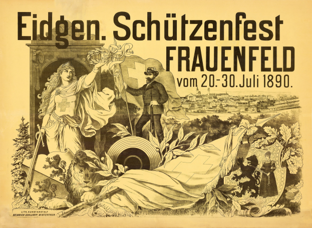 Plakat zum Eidgen Schützenfest in Frauenfeld, Deutschland, mit einem Mann im Anzug und einer Frau in einem Kleid sowie Ereignisinformationen im Text.