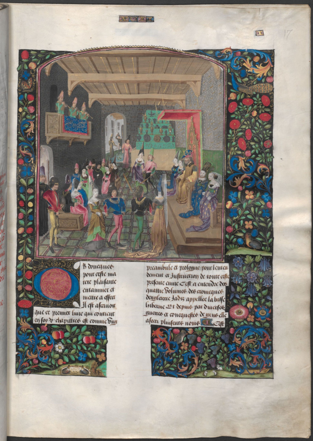 Ein aufgeschlagenes Buch zeigt eine illuminierte Handschrift mit einer leuchtenden, detaillierten Szene von Menschen in einer lebhaften Diskussion, geschrieben in eleganter Schrift.