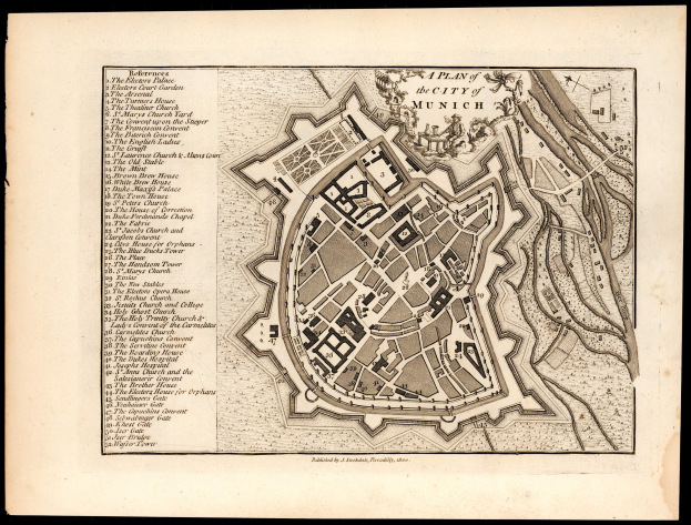 Ein alter Stadtplan von München, Deutschland, auf schwarzem Hintergrund, der Straßen, Gebäude und Sehenswürdigkeiten mit beschriftetem Text zeigt.