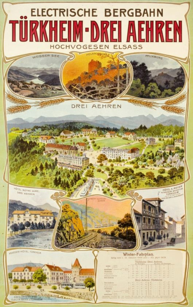 Plakat wirbt für Bergbahn, Deutschland als elektrisch Stadt, mit Bildern von Gebäuden, Bäumen, Hügeln und beschreibendem Text.