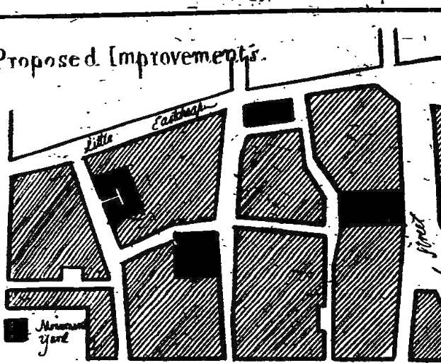 Schwarze und weiße Stadtkarte mit Straßen, Gebäuden und Sehenswürdigkeiten, die als "Vorgeschlagene Verbesserungen" gekennzeichnet sind.