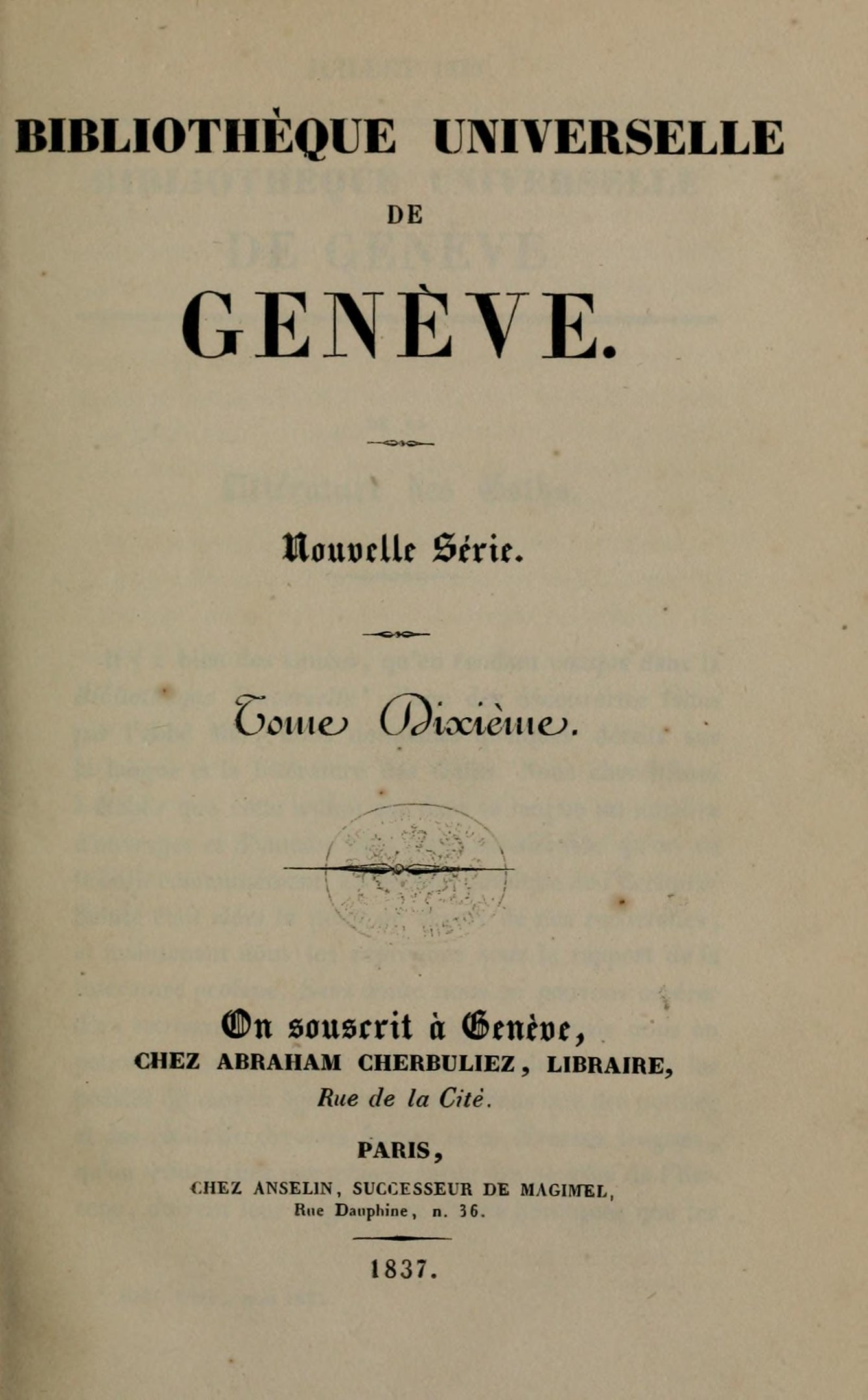 Altes Buch mit dem Titel 'Bibliothèque Universelle de Geneve' zeigt Text im Inneren