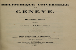 Altes Buch mit dem Titel 'Bibliothèque Universelle de Geneve' zeigt Text im Inneren