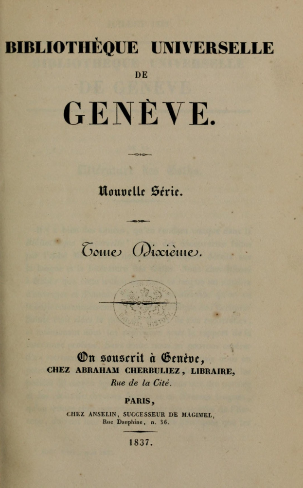 Altes Buch mit dem Titel 'Bibliothèque Universelle de Geneve' zeigt Text im Inneren