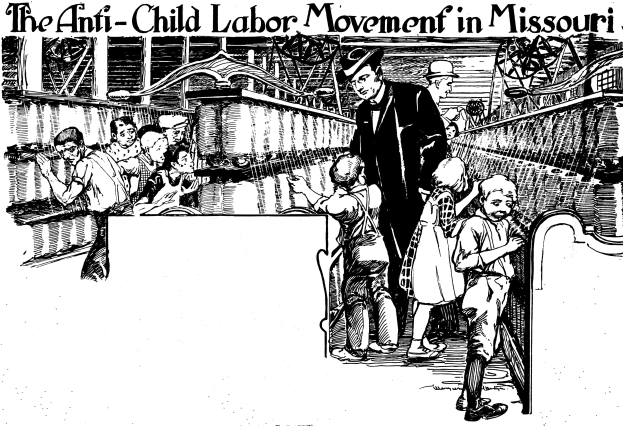 Plakat mit der Aufschrift "Die Anti-Kinderarbeit-Bewegung in Missouri" zeigt eine Gruppe von Menschen in traditioneller Kleidung, einige stehen, andere sitzen, mit Ausdrucken von Verzweiflung und Angst.