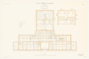 Schwarzes und weißes architektonisches Grundrissbild der Kaiser-Wilhelm-Bibliothek in Dresden, Deutschland, mit detaillierten Raumplänen und handschriftlichen Anmerkungen.