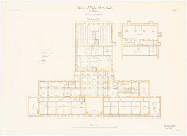 Schwarzes und weißes architektonisches Grundrissbild der Kaiser-Wilhelm-Bibliothek in Dresden, Deutschland, mit detaillierten Raumplänen und handschriftlichen Anmerkungen.