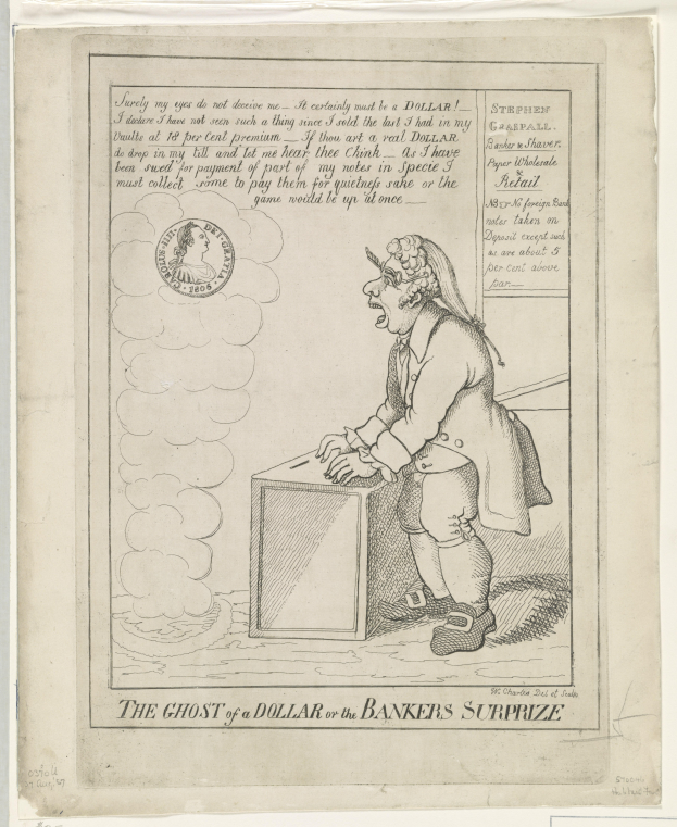 Eine Zeichnung einer Person, die vor einer Kiste steht und ängstlich nach oben schaut, mit dem Text "Der Geist eines Dollars oder die Überraschung der Banker" darüber.