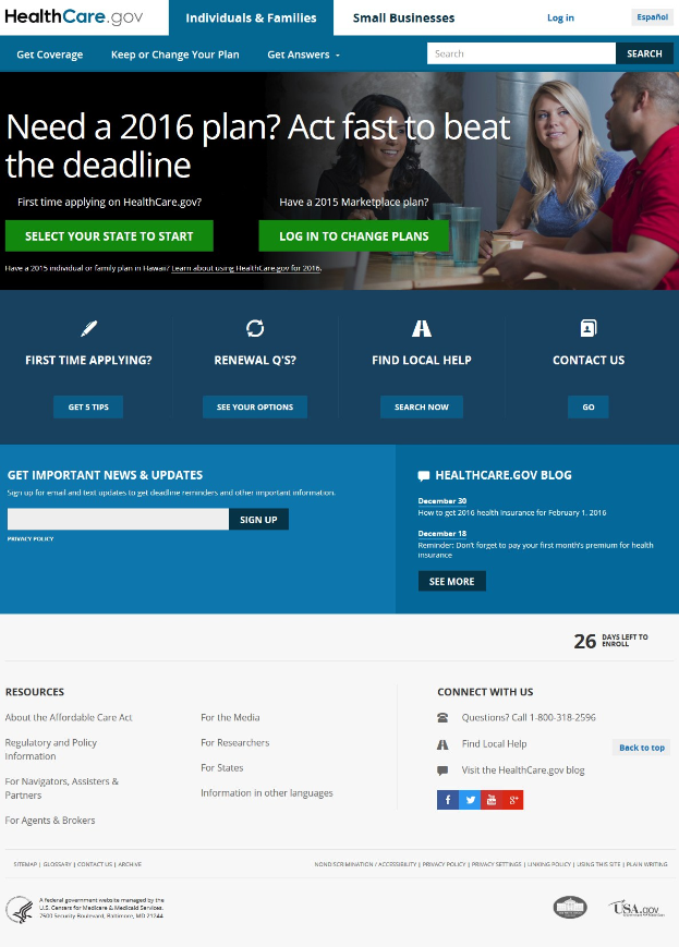 HealthCare.gov-Webseiten-Hauptseite zeigt eine Gruppe von Menschen, die um einen Tisch sitzen und Gläser und andere Gegenstände haben, mit dem Webseiten-Titel und einführenden Informationen.