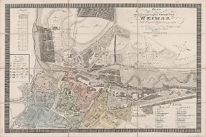 Ausführliche alte Karte von Weimar, Deutschland, zeigt Straßen, Gebäude und Sehenswürdigkeiten mit zusätzlichem Text über die Bevölkerung und Merkmale der Stadt.