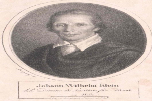 Schwarz-weiß-Portr├Ąt von Johann Wilhelm Klein, Direktor des Instituts für Blinde in Wien, der einen weißen Hemd mit ernstem Gesichtsausdruck trägt, mit deutschem Text unten.