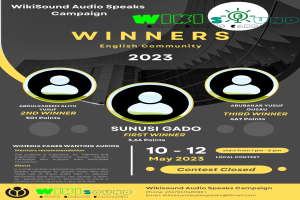 Buntes Plakat für die Wikisound Audio Spricht Kampagne mit einem blauen Hintergrund, das eine gelbe und weiße Schrift in Fettschrift enthält, die "Gewinner" lautet und mehrere lächelnde Fotos von Menschen in der Mitte zeigt.