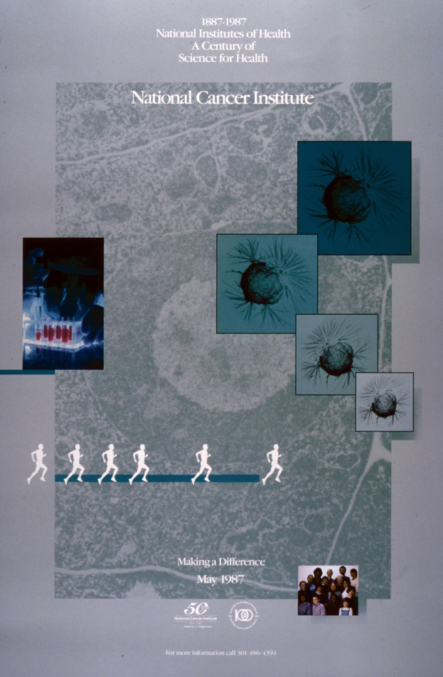 Buntes Plakat mit einem blauen Hintergrund und weißer, fettgedruckter Schrift, die 'National Cancer Institute' in Großbuchstaben zeigt, umgeben von überlappenden Kreisbildern von lächelnden Menschen verschiedenen Alters, Geschlechts und Ethnien.