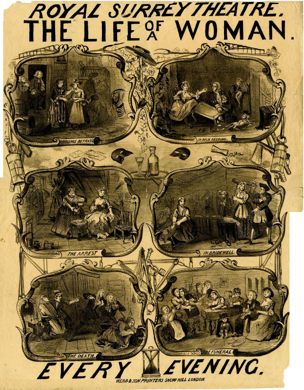 Plakat für "Das Leben einer Frau" am Royal Surrey Theatre, mit einer Collage aus Bildern von Menschen und dem Titel in fetter Schrift oben.