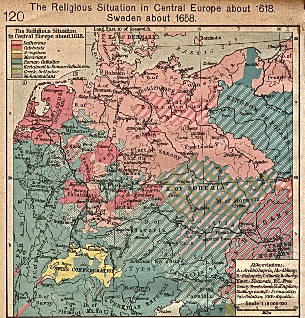 Eine historische Landkarte Mitteleuropas aus dem Jahr 1618, die das religiöse Landschaftsbild der Region mit detaillierten Anmerkungen zeigt.