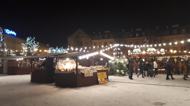 Ein verschneiter Weihnachtsmarkt mit Menschen, Buden, Pflanzen, Bäumen, Gebäuden und Schildern unter einem bewölkten Himmel.