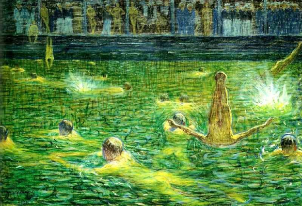 Gemälde mit dem Titel "Der Pool" von KÜNSTLER, das Menschen bei der Freude am Schwimmen in Wasser mit einem Gebäude im Hintergrund zeigt.