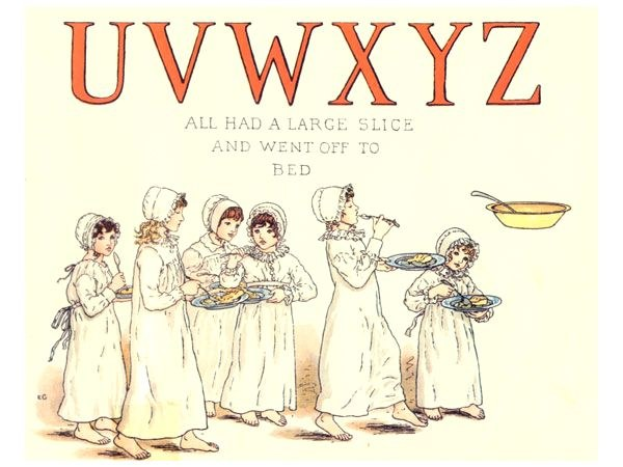 Gruppe von Menschen mit Tellern mit Essen, Schüssel und Löffel auf der rechten Seite, mit dem Text "Uwxyz - Alle hatten ein großes Stück und gingen ins Bett" oben.