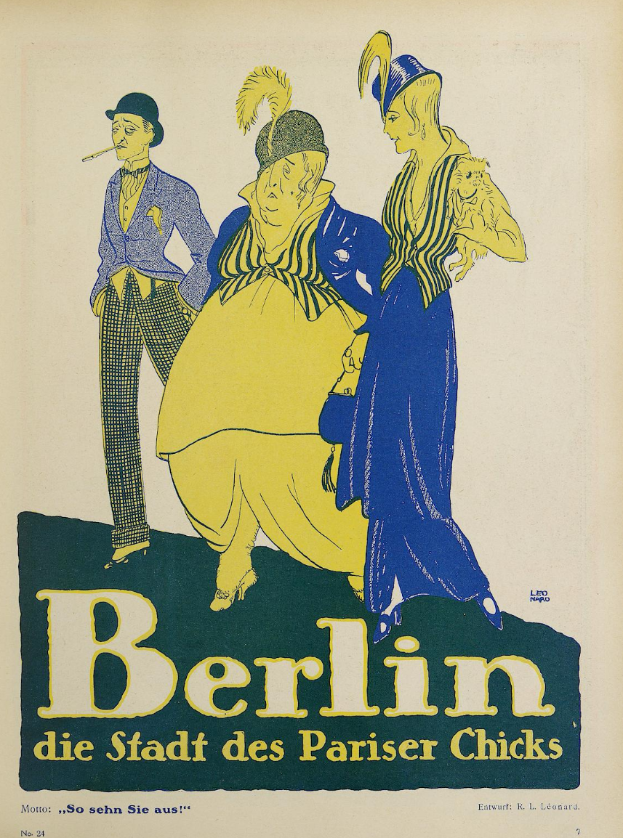 Ein Plakat, das ein Konzert in Berlin, Deutschland, ankündigt, mit einer Gruppe von Menschen in bunter Kleidung vor einem Gebäude mit dem Text "Berlin - Die Stadt des Pariser Chicks" oben.