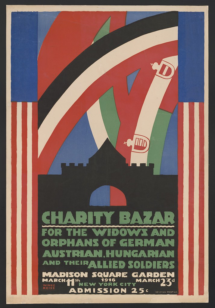 Charity-Basar-Plakat für die Witwen und Waisen deutscher, australischer, ungarischer und alliierter Soldaten mit Text zu den Veranstaltung Details.
