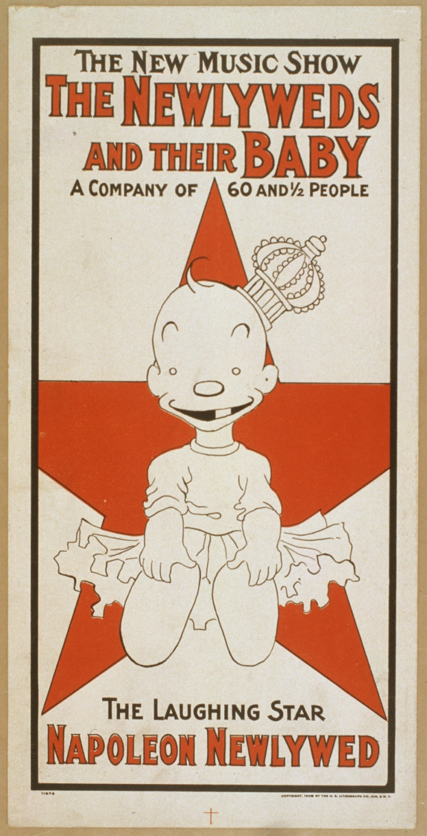 Plakat für "The New Music Show: The Newlyweds and Their Baby" mit einer Cartoon-Baby in einem weißen Strampler mit einer pinken Schleife, das gegen einen hellblauen Hintergrund mit verstreuten Sternen lächelt und in fetter schwarzer Schrift.