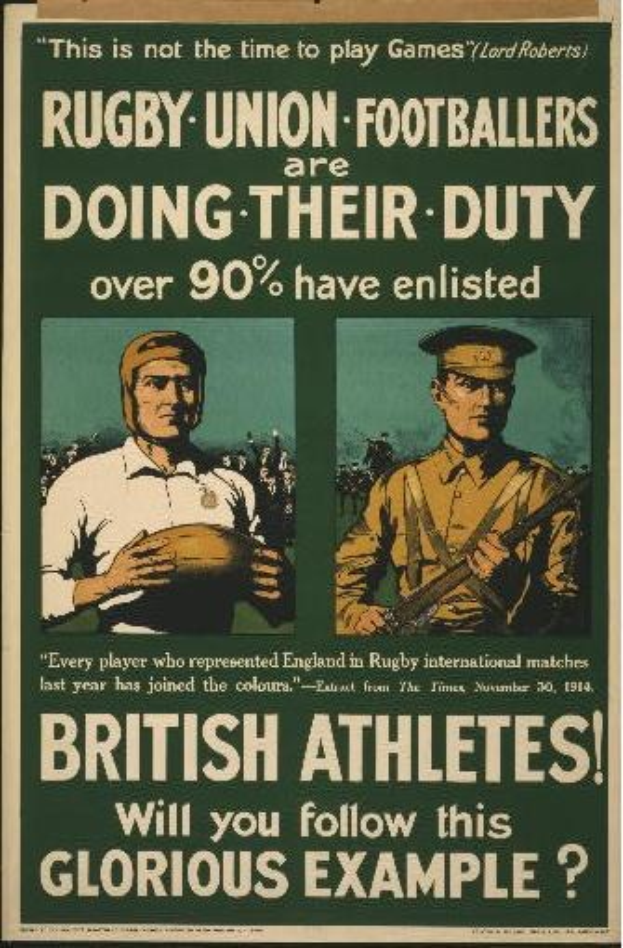 Britische Rugbyspieler in einem Plakat, das über 90% der Sportler bei der Pflicht zeigt.