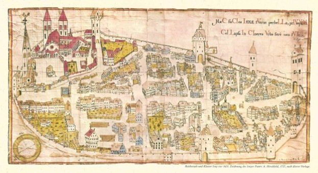 Ein detaillierter alter Stadtplan von Köln, Deutschland, zeigt Straßen, Gebäude, Sehenswürdigkeiten und Text mit Informationen über die Stadt.