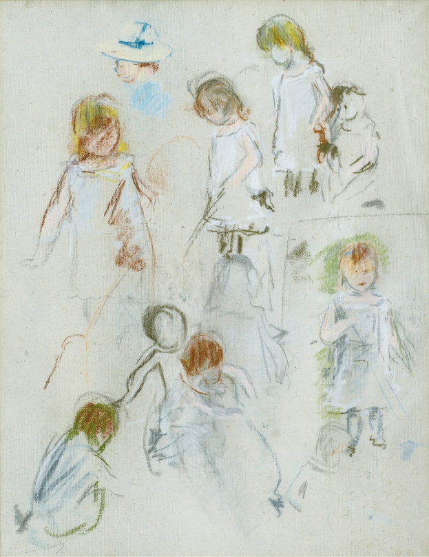 Ein buntes Bild auf Papier zeigt fröhliche Kinder, die auf einem Feld spielen, eines trägt eine Mütze und hat die Arme ausgestreckt.