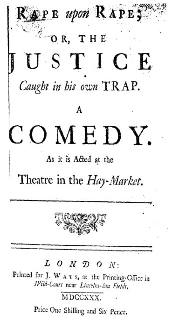 Schwarzer und weißer Plakat mit der Aufschrift "Vergewaltigung auf Vergewaltigung oder die Gerechtigkeit, die in ihrer eigenen Falle gefangen ist" in fetter schwarzer Schrift, wahrscheinlich Ankündigung einer Comedy-Show.