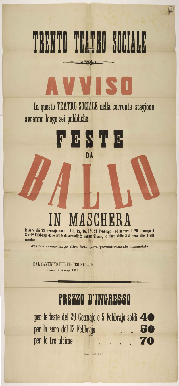 Ein Vintage-Plakat, das ein Festival in Maschera, Italien, ankündigt, mit Text, der das Ereignis beschreibt.