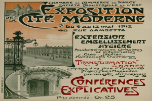 Ein Plakat, das eine Ausstellung in der Cité Moderne ankündigt und ein Gebäude, ein Tor und einen bewölkten Himmel zeigt, mit Text zu den Ausstellungseinzelheiten.