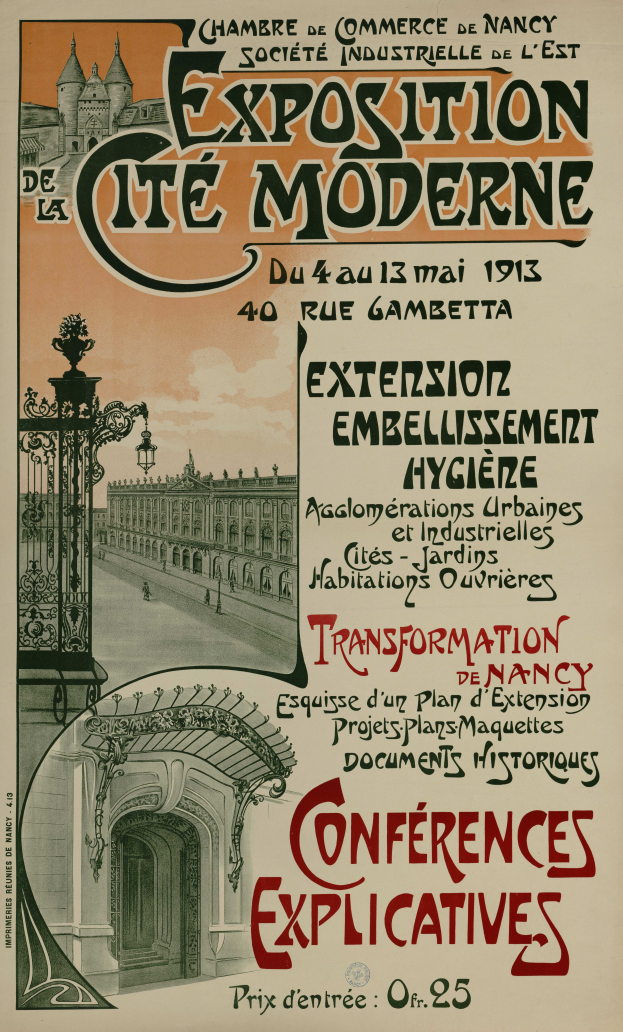 Ein Plakat, das eine Ausstellung in der Cité Moderne ankündigt und ein Gebäude, ein Tor und einen bewölkten Himmel zeigt, mit Text zu den Ausstellungseinzelheiten.