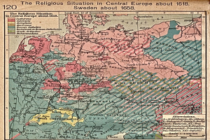 Historische Karte von Mitteleuropa aus dem Jahr 1618, die die religiöse Landschaft der Region mit detaillierten Textanmerkungen zeigt.