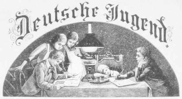 Gruppe von Kindern, die um einen Tisch mit einer Lampe, Büchern und anderen Gegenständen sitzen, mit einem schwarz-weißen "Deutsche Jugend"-Plakat darüber.