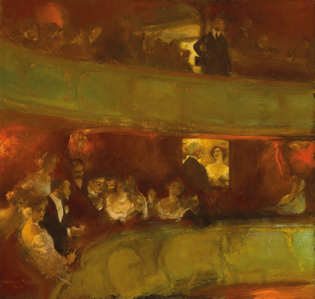 Ein Bild einer bunten Gruppe von Menschen in einem hell erleuchteten Theater, einige stehen, einige sitzen, alle in feierlicher Kleidung, die eine lebendige und einladende Atmosphäre schaffen.