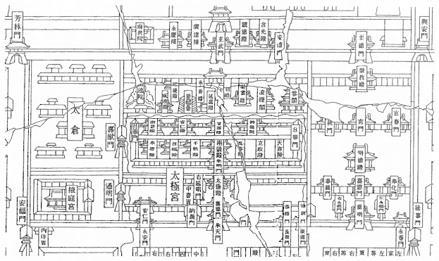 Eine handgezeichnete Karte von Shanghai, China, mit chinesischer Schrift und beschrifteten Straßen, Gebäuden und Sehenswürdigkeiten.
