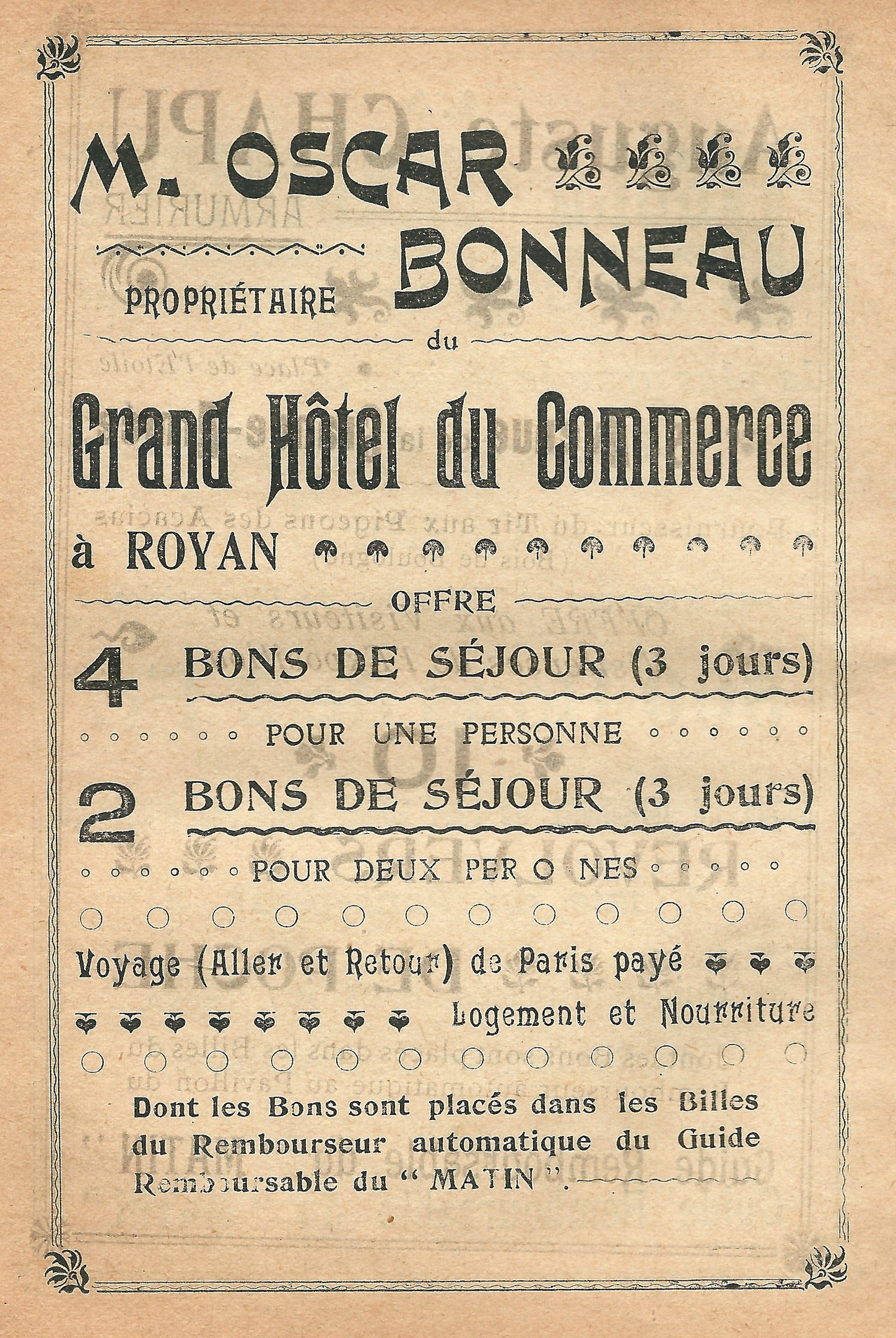 Schwarze und weiße Anzeige für das Grand Hotel du Commerce in Paris mit Text über die Hotelangebote.