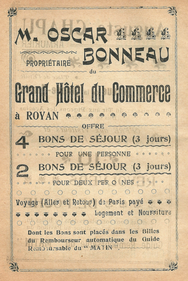 Schwarze und weiße Anzeige für das Grand Hotel du Commerce in Paris mit Text über die Hotelangebote.